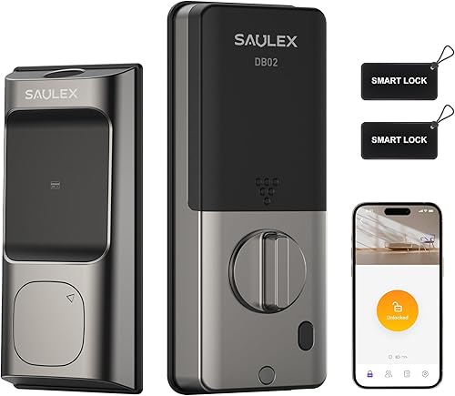 Saulex DB02 - Cerradura inteligente, Wi-Fi integrado, cerradura de puerta delantera de entrada sin llave 5 en 1, cerrojos de teclado con control de