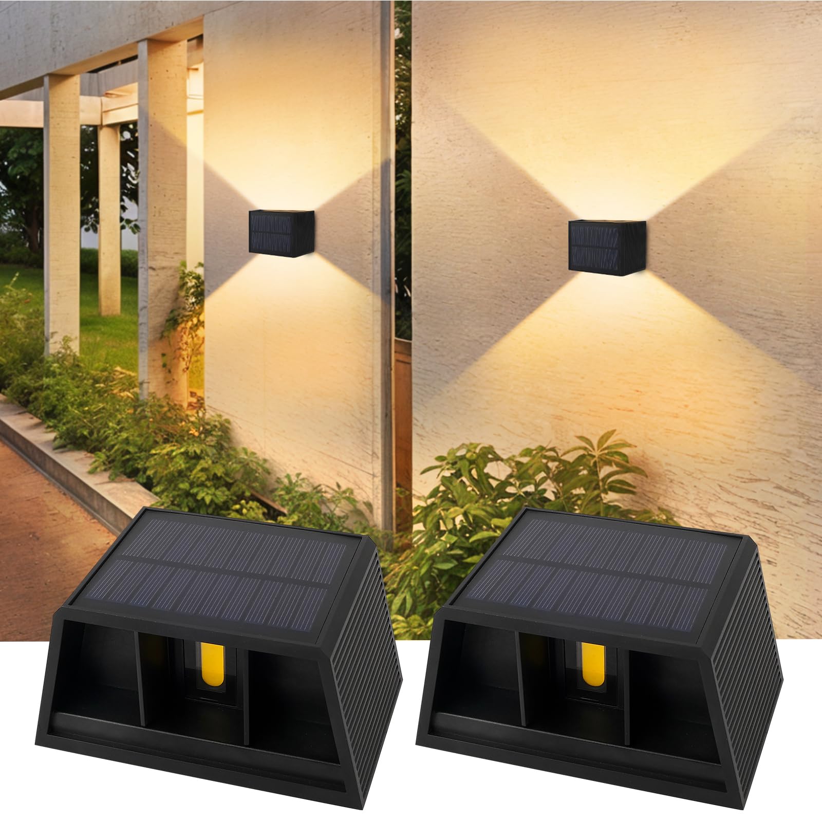 T-SUN 2 Pezzi Lampada Solare da Esterno, 3000K Applique da Esterno Solare, Luci Solari da Giardino Con Fascio di Luce Regolabile Su e Giù, IP65 Impermeabile, per Recinzione da Giardino a Parete