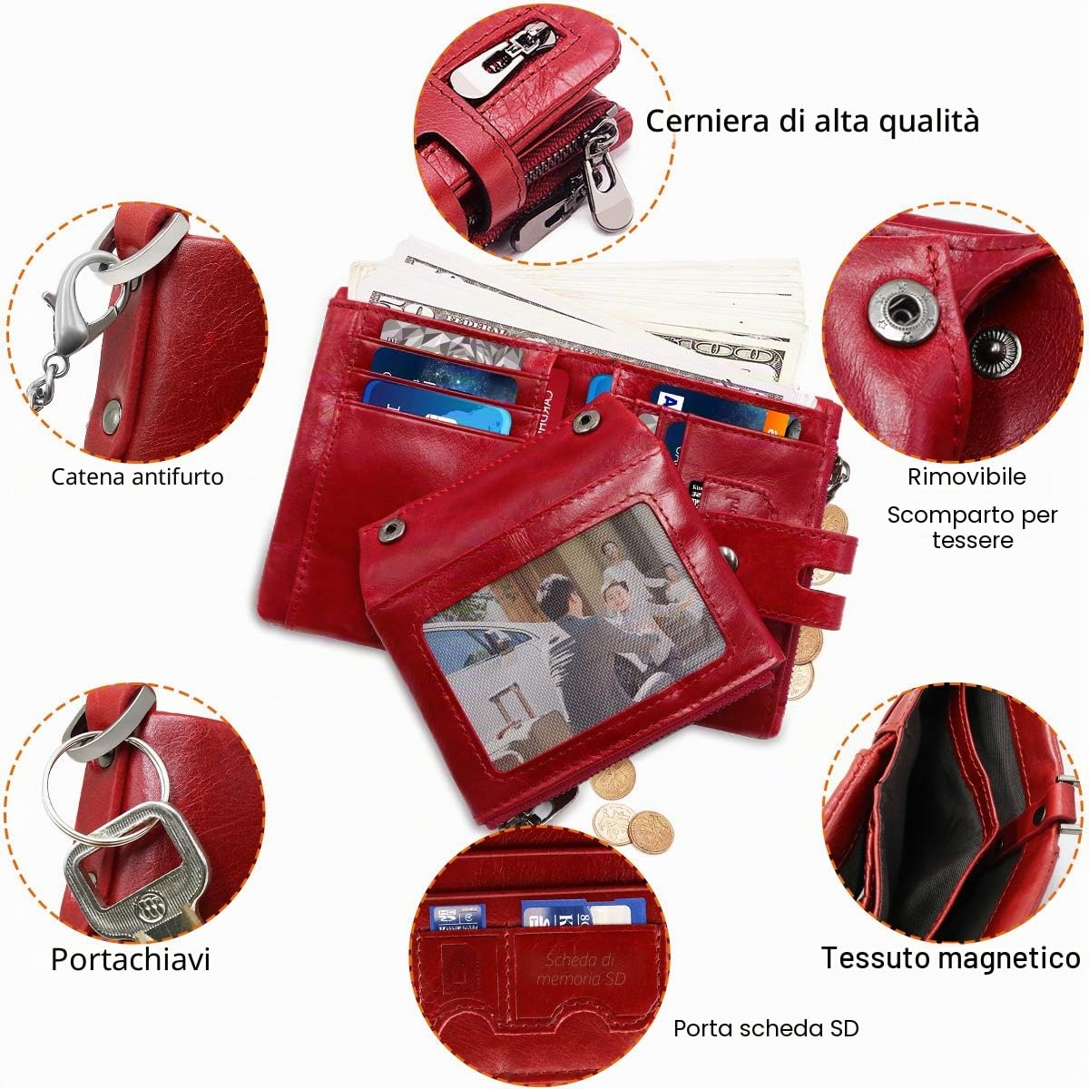 REETEE Portafoglio Donna Portamonete Pelle Donna RFID Bloccaggio Portafogli Donna Pelle Piccolo con Catena,Multi-Slot Portamonete Porta Carta di Credito Pelle Cerniera Portafogli