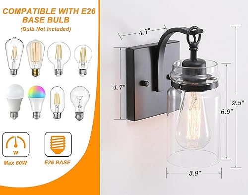 Miniatura 5 de Juego de dos apliques de pared negros, apliques negros con vidrio transparente para interiores, aplique de pared de baño de 1 luz para baño,