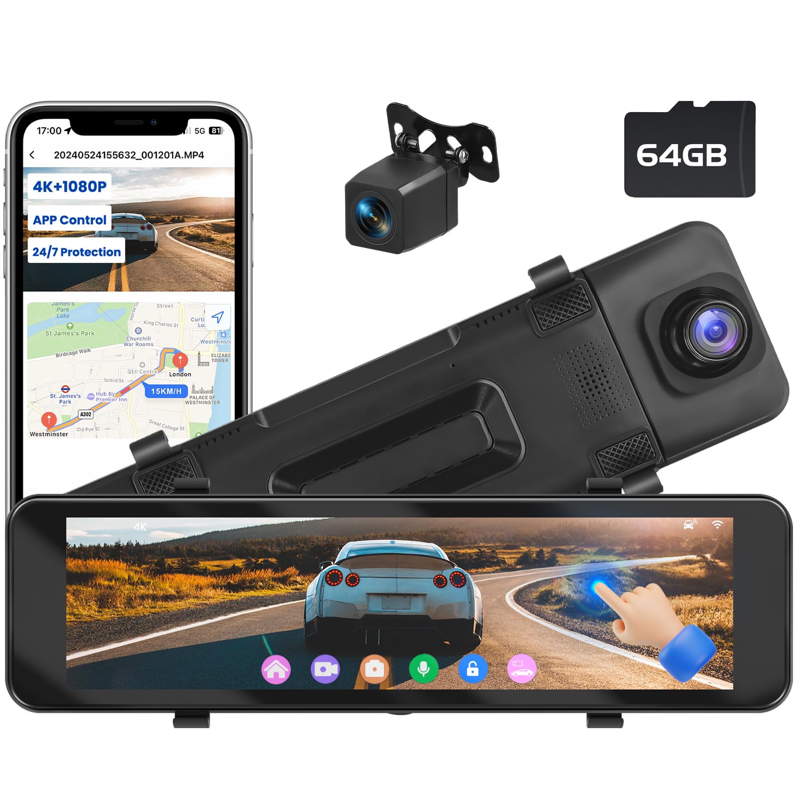 Hikity Espejo Retrovisor Inteligente 10,8" con Cámara Coche 4K Delantera + 1080P Trasera, Dash Cam WiFi, GPS, USB-C, Tarjeta de 64GB Incluida, Pantalla Táctil, Visión Nocturna, Monitor de Aparcamiento