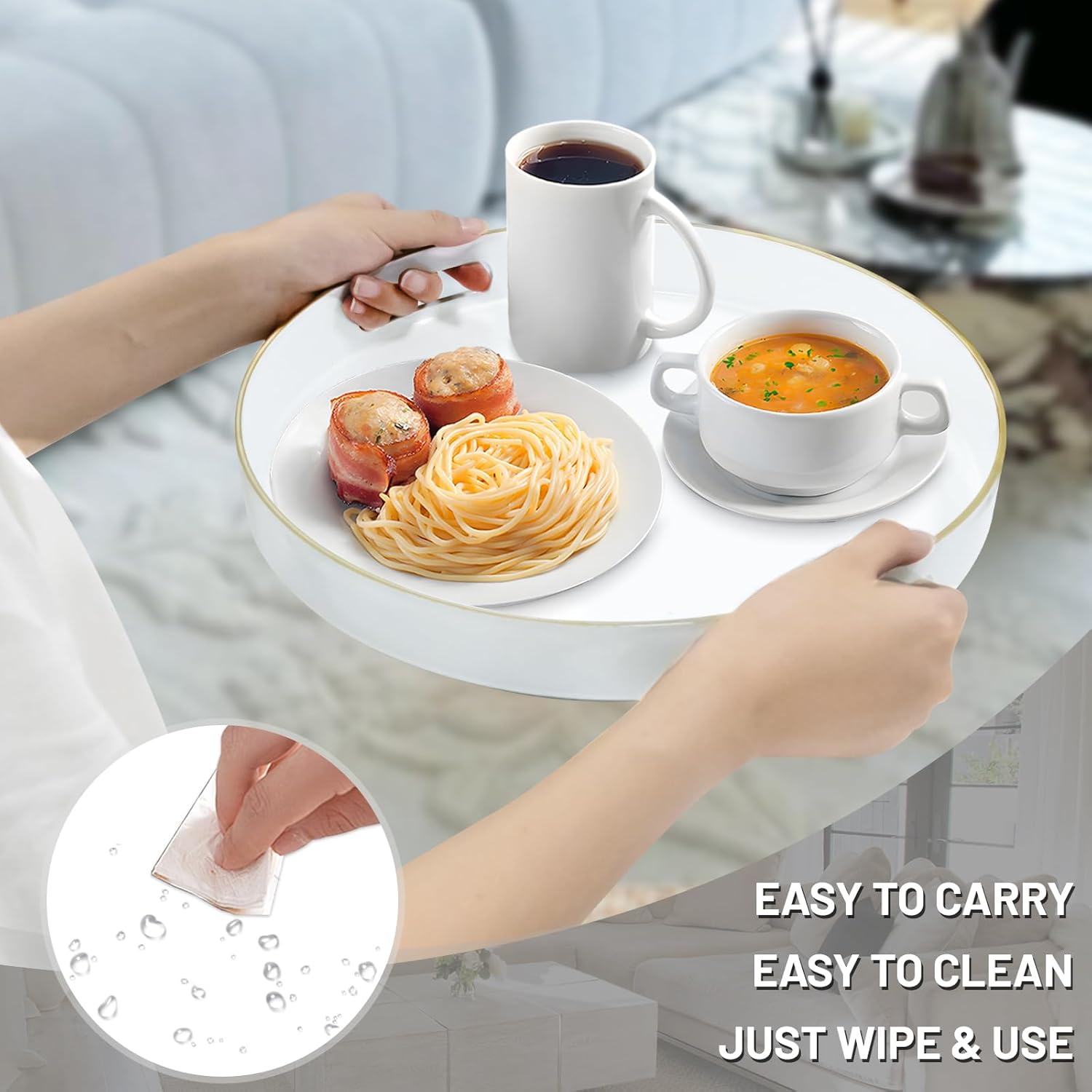 MAONAME White Decorative Tray for Coffee Table, Modern Round Serving Tray with Handles, 13" Plastic Tea Trays for Ottoman, Bathroom Decor - Image 4