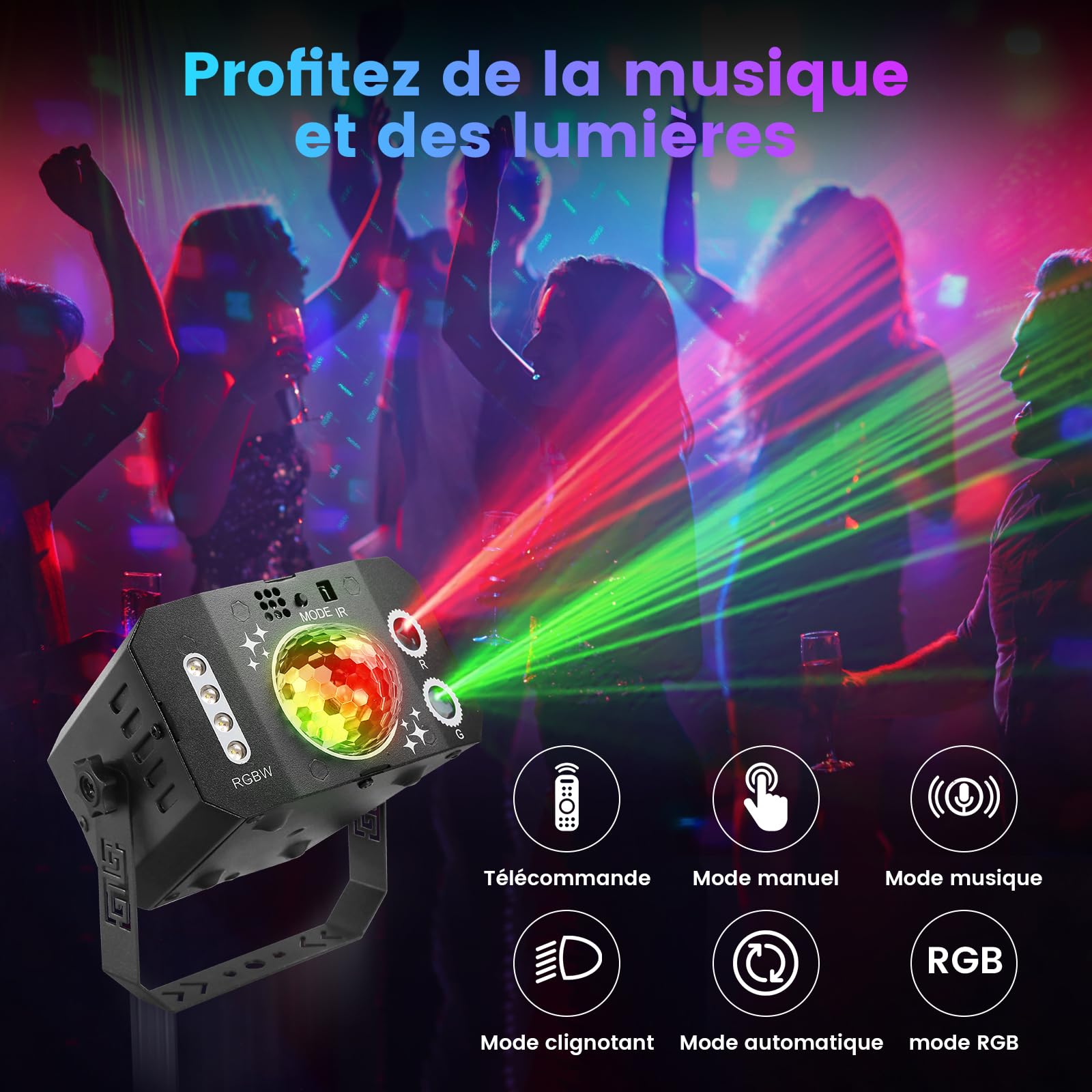 JONRRYIN Lumiere Disco, 3 IN 1 Lampe Disco, Lumiere Soiree avec Contrôle de la Musique, Laser Party Light avec Télécommande et 128 Motifs pour Fêtes, Anniversaires, Pubs