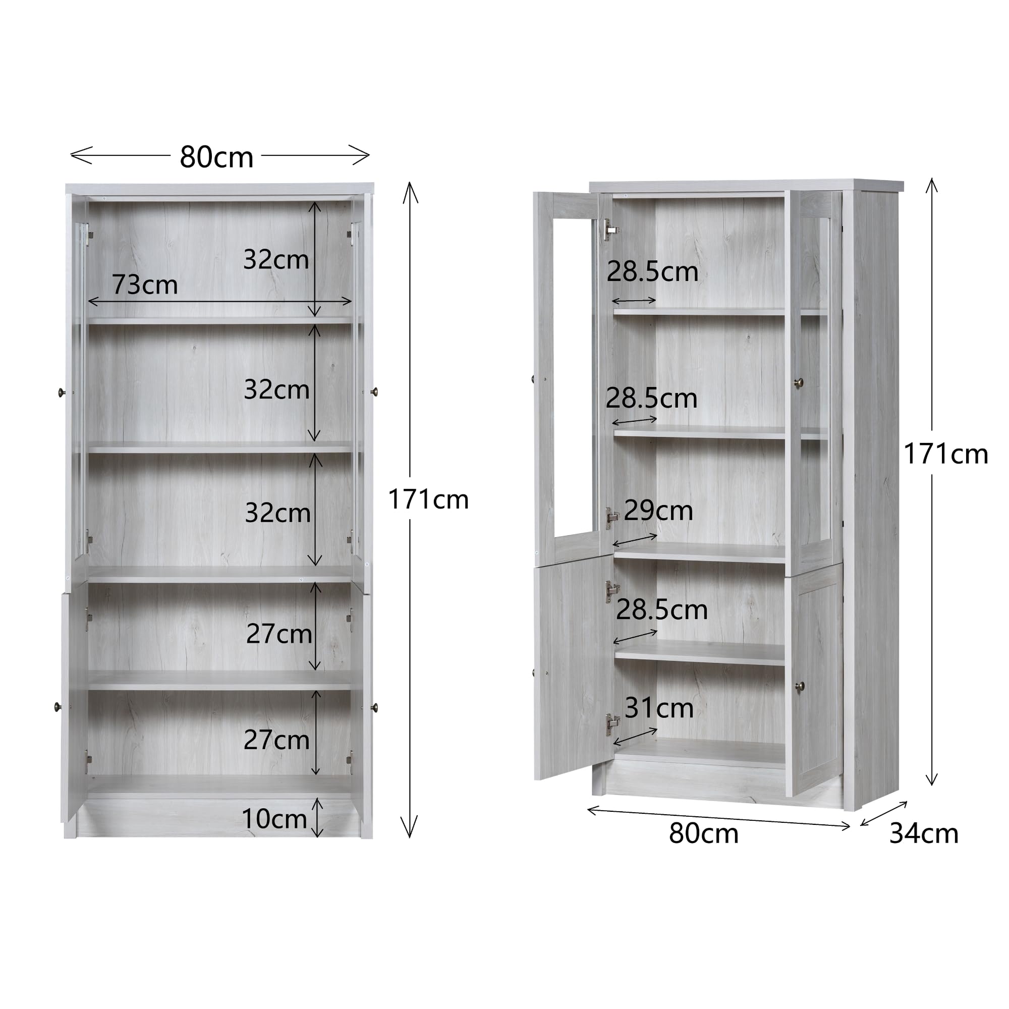 Armario alto de cristal de 171 cm de altura, con 2 puertas de cristal y estante, archivadores, buffet, armario de cocina, aspecto de madera, para salón, oficina y pasillo (color blanco con puertas)