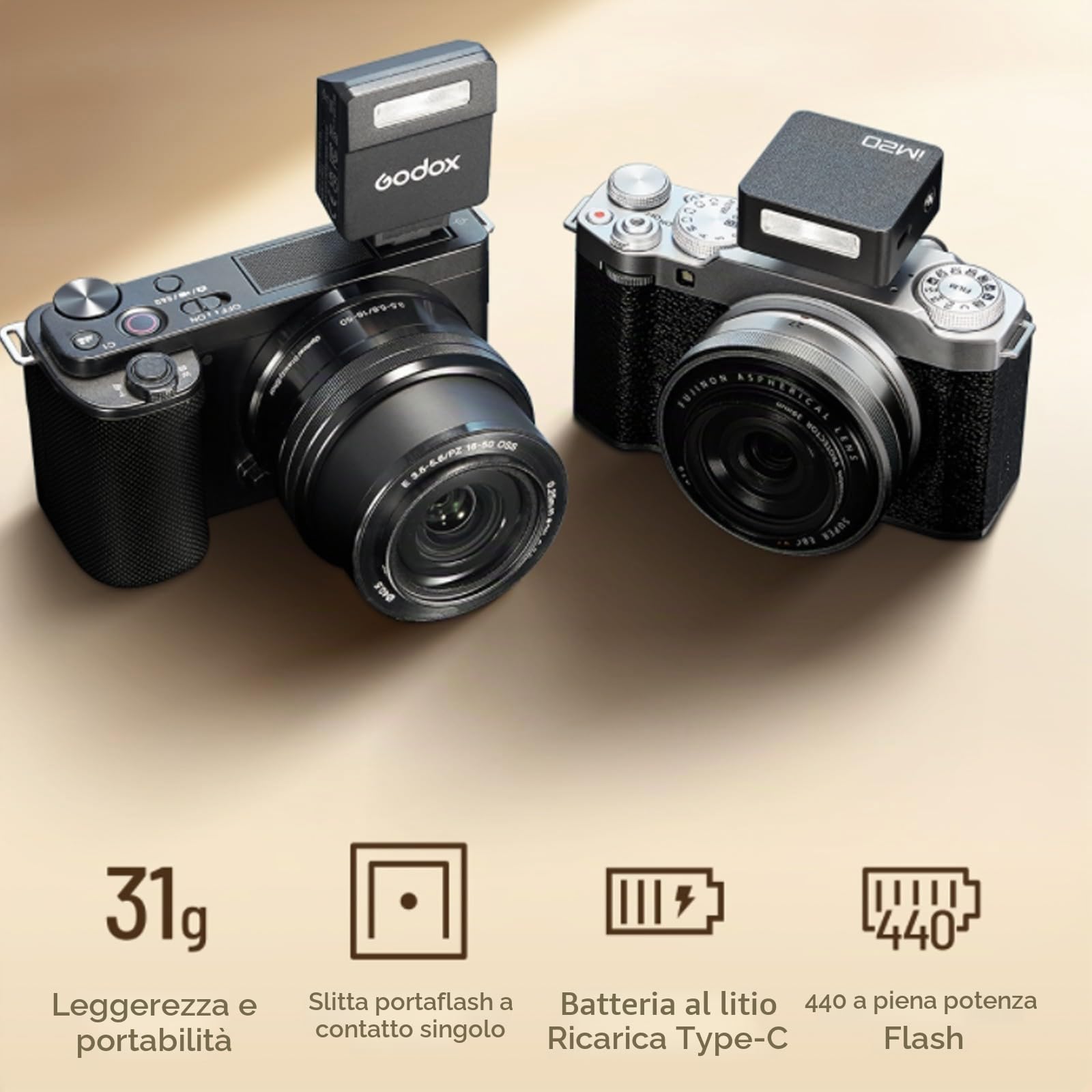 Godox iM20 Mini Flash Speedlight per Canon, Sony, Fuji, Nikon, Panasonic Olympus Pentax, Tempo di riciclo 3s, Circa 440 tempi di flash, Flash per Sony ZV1, ecc. DSLR (batteria al litio integrata)
