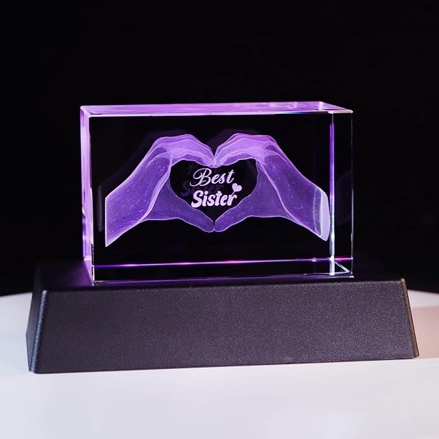 Crystal Best Sister Birthday Gifts from Sister, Glass Engraved 3D Heart in Hands Funny Night Light Ornament for Sisters from Brother on Christmas, Keepsake Presents for Bestie, Friends