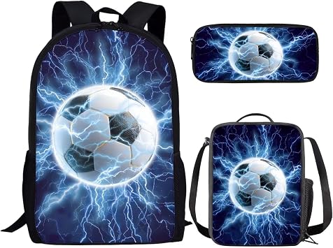 CLOHOMIN Lightning Football Backpack with Lunch Box Set of 3 Large Capacity Bookbag Boys Lunch Bag Pencil Holder for Kids Ages 12-14 Middle School Bag with Lunchbox for Boys, Blue