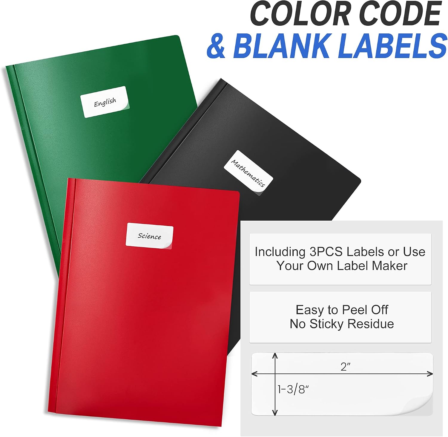 Sooez 3 Pack 2-Pocket Folder with Prongs, Plastic Folders with Pockets and Prongs Including Labels, Heavy Duty Letter Size Pocket Folders with Prongs, Colored Prong Folders for Schoolwork & Office