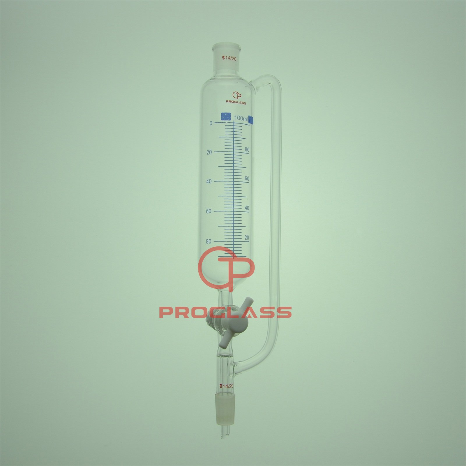 Proglass Glass 100mL Addition Graduated Pressure Equalizing Dropping Funnel with 14/20 Joint at Top and 2 mm PTFE Stopcock