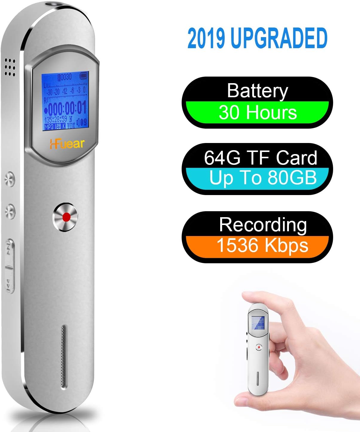 Hfuear Digital Voice Recorder, 16G Digital Voice Recorder MP3 Audio Recorder with Voice Recognition for Interviews Meetings, USB, Rechargeable (Black) (16G)