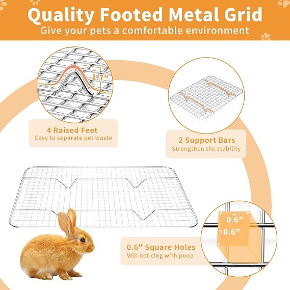 L Rabbit Litter Box, 23.6 L x 15.7 W x 12.4 H Stainless Steel Rabbit Litter Box with Lid, Hay Feeder with Hooks, Footed Metal Grid, Easy to Clean for Medium and Large Rabbits