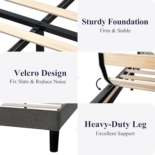 Miniatura 28 de Allewie Marco de cama de plataforma moderna, tamaño queen con respaldo de orejas, tapizado, con cabecera, soporte de listones de madera, base de