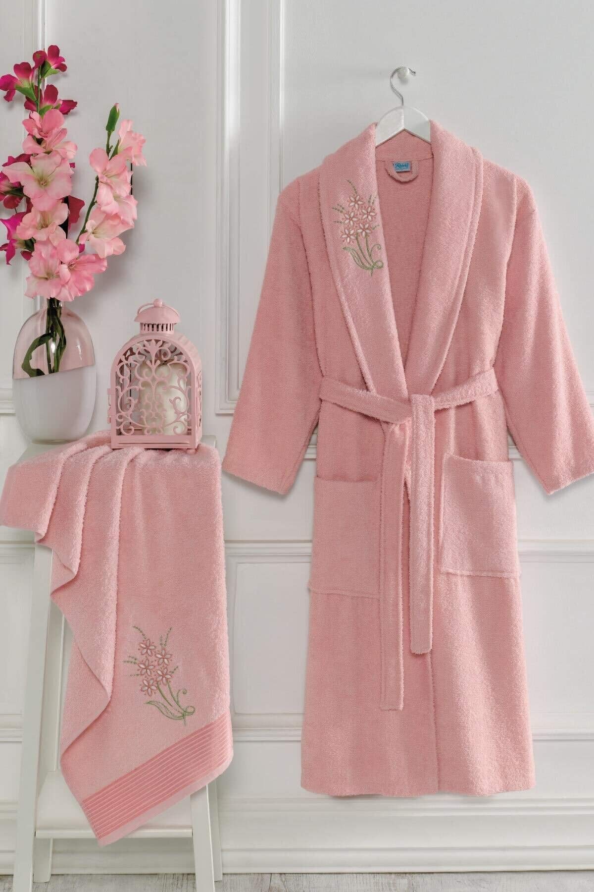 Elmira Textile Şalyaka Kadın Erkek Pamuklu Havlulu Banyo Bornoz Takımı L/XL Pembe