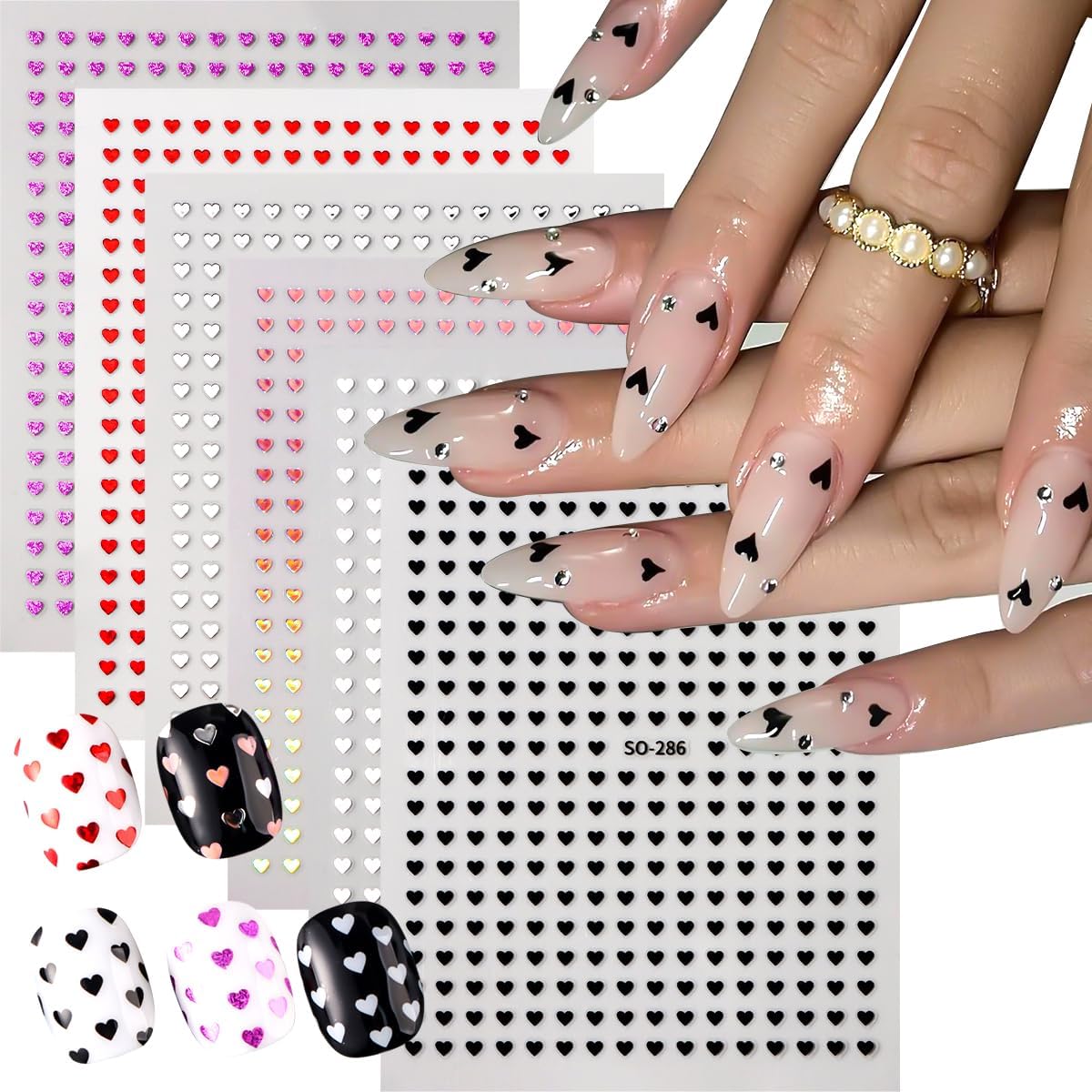 Mini Heart Nail Stickers for Nail Art 3D Self-Adhesive Sparkling Love Heart Nails Decals 6PCS Cute Small Hearts Design Nail Supplies for Valentine's DIY Manicure Decorations
