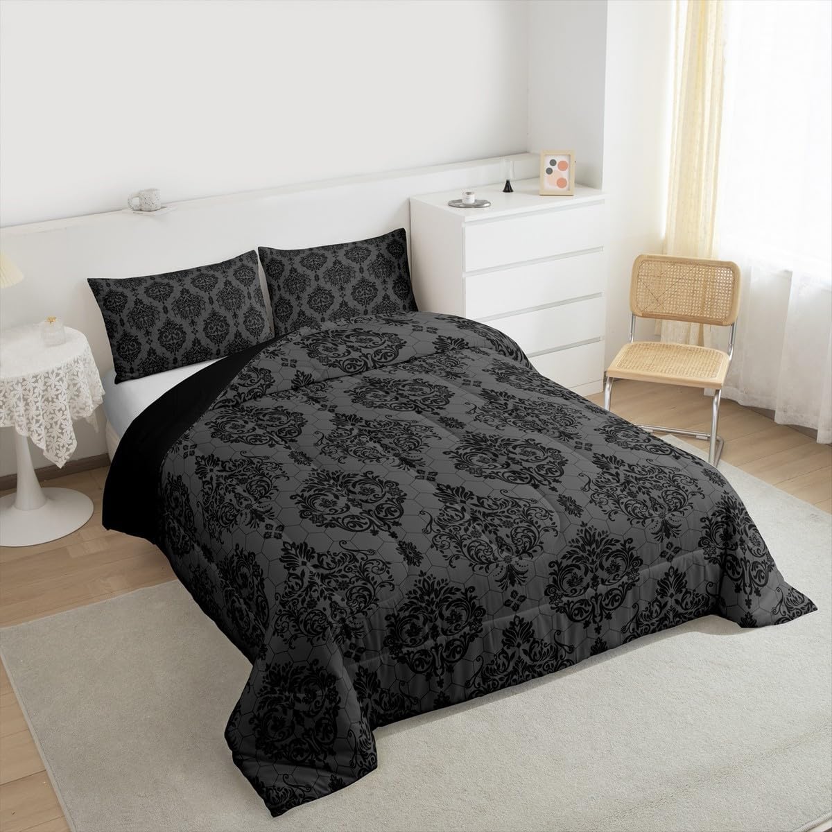 jejeloiu Damask Pattern Kids Comforter Set Queen Size Jacquard Bedding Set Floral Printed Duvet Quilt for Kids Boys Girls Bedroom Boho Damask Print Decor Microfiber Ultra Soft Breathable
