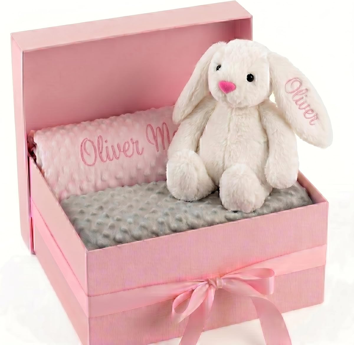 Manta de bebé personalizada con juego de conejito para regalo de niña | Manta de bebé personalizada con nombre, mantas personalizadas y juego de regalo de conejo para cumpleaños, manta de punto de franela para regalos de Baby Shower