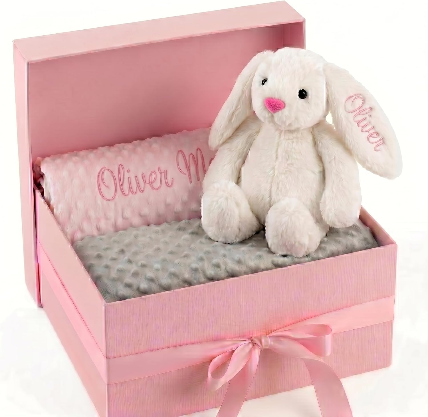 Personalized Baby Blanket with Bunny Set, Custom Baby Blanket with Name, Custom Blankets & Rabbit Gift Set for Toddlers Boys Girls, Flannel Dot Swaddle for Birthday