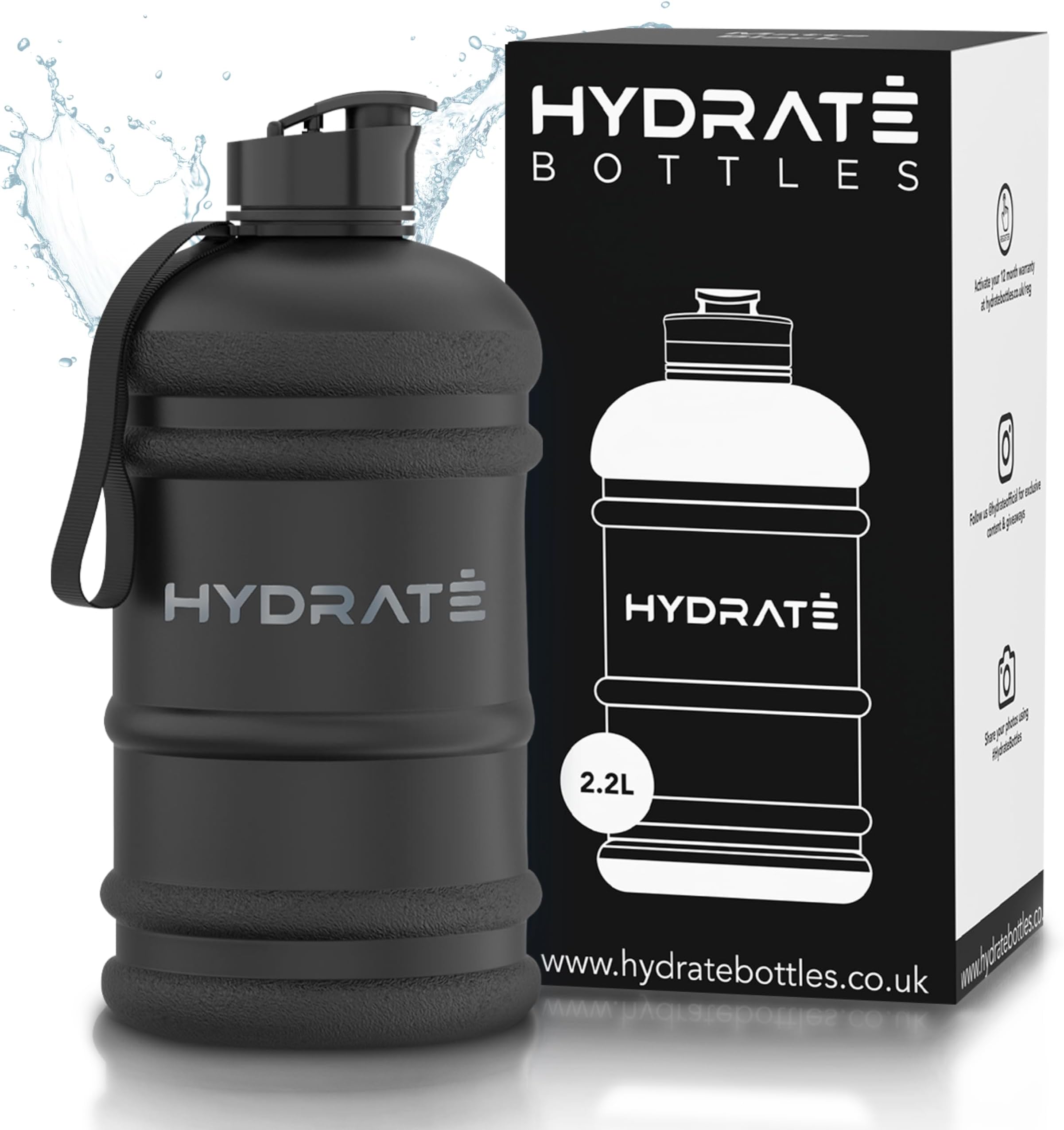 HYDRATE XL Jug Half Gallon Water Bottle - BPA Free, Flip Cap, Ideal for Gym, Large Sports Bottle, Extra strong material - Matte Black (74 oz water bottle)