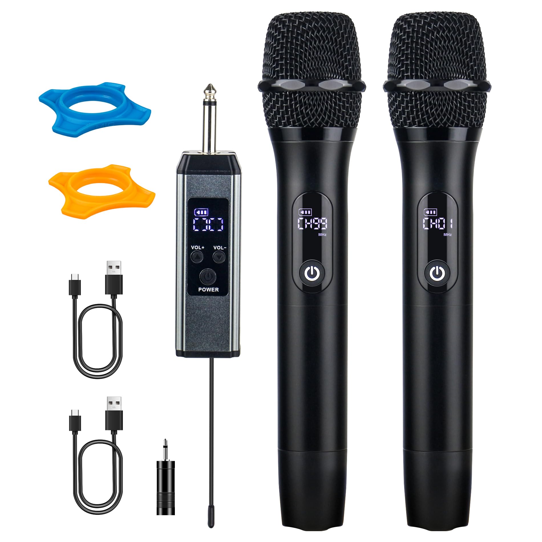 Wireless Microphone System, Digital Display, USB Charging, Dual Black Handheld Mics