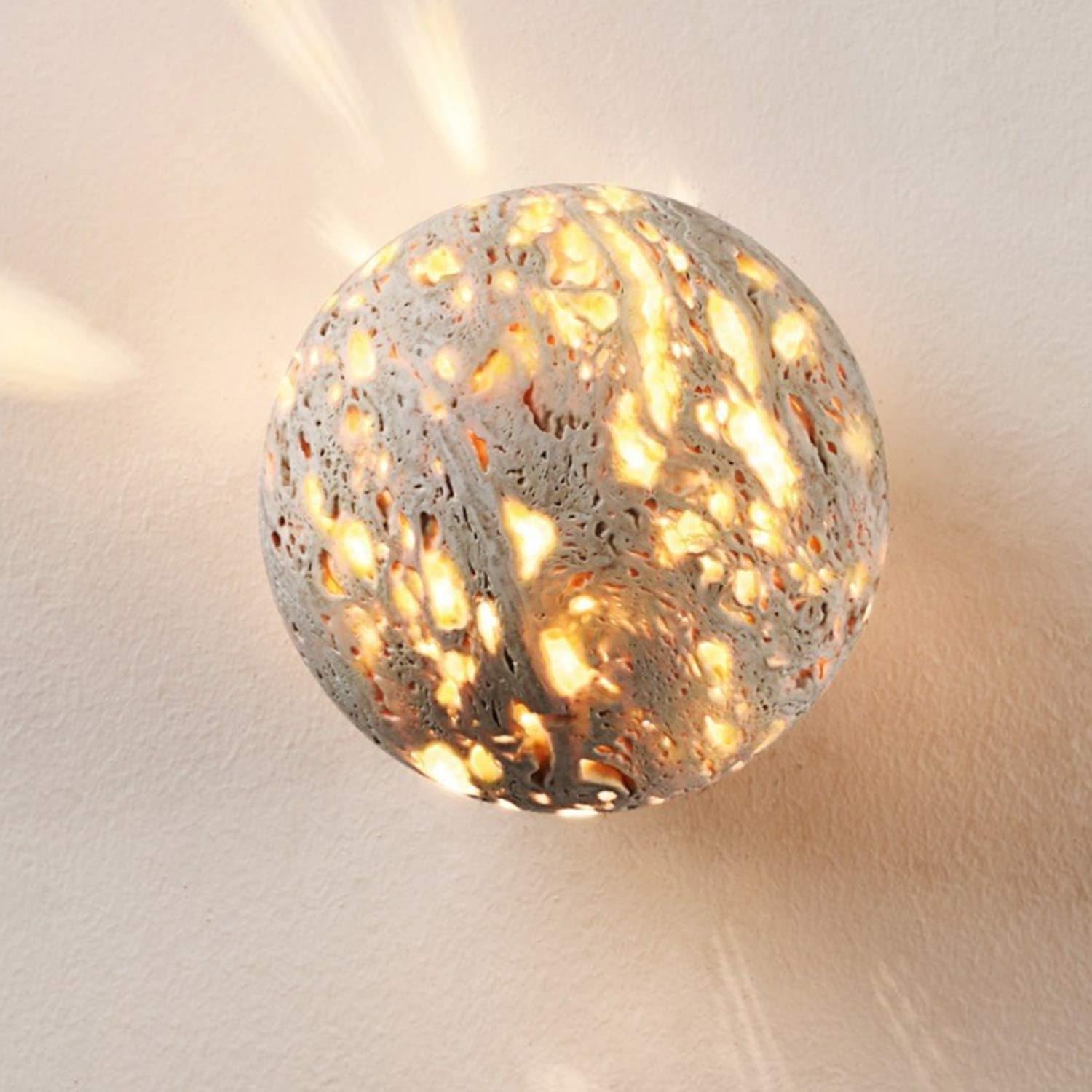USMJQVZ Yellow Travertine Wall Sconce, 5.9" Wabi Sabi Wall Sconces with Spherical Lampshade and Travertine Stone Base, Modern Natural Stone Wall Light Bedroom Living Room Kitchen