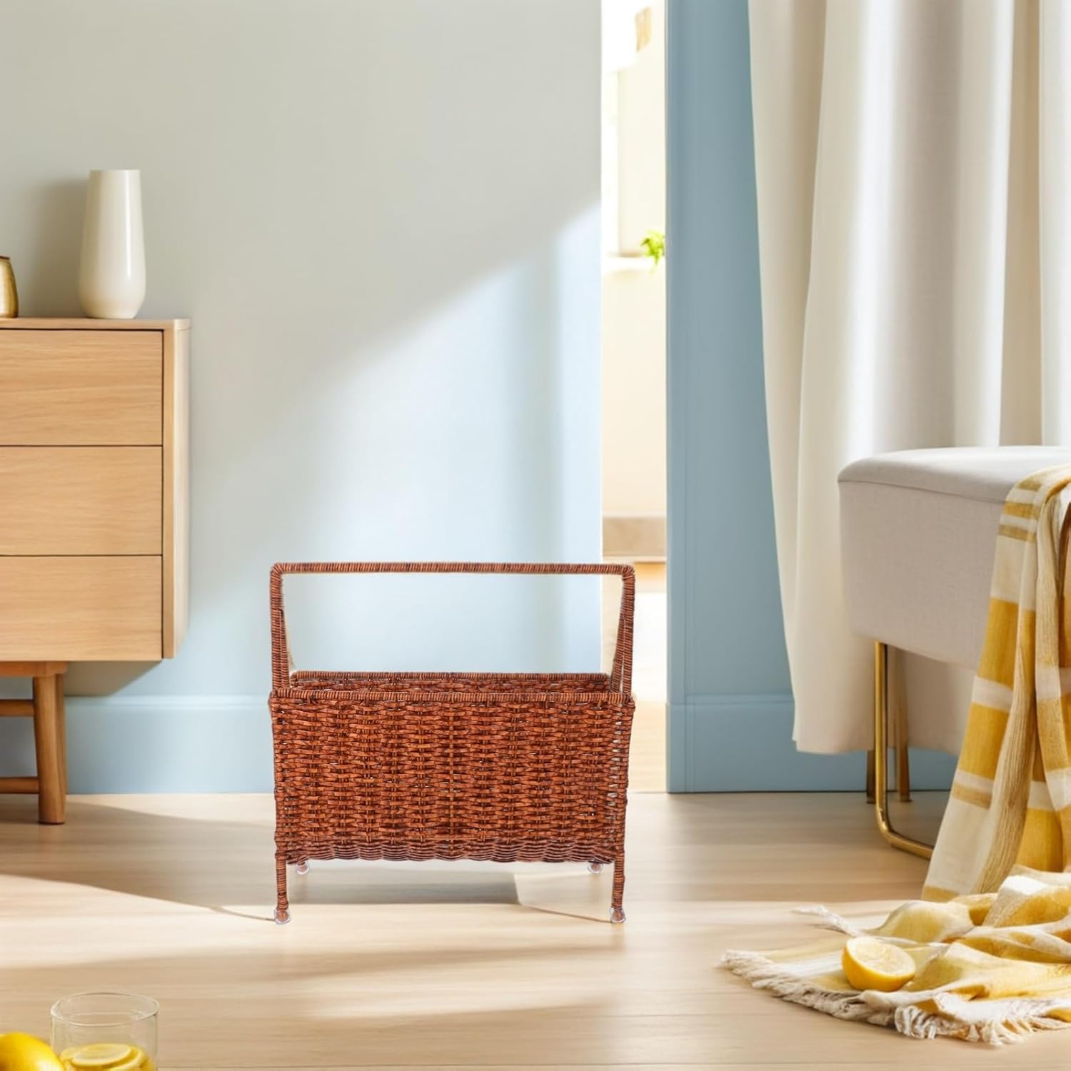 Hand Woven Magazine Storage Basket Faux Rattan File Holder for Living Room Bathroom Office Versatile Rustic Decor with Strong Construction and Multifunctional Design