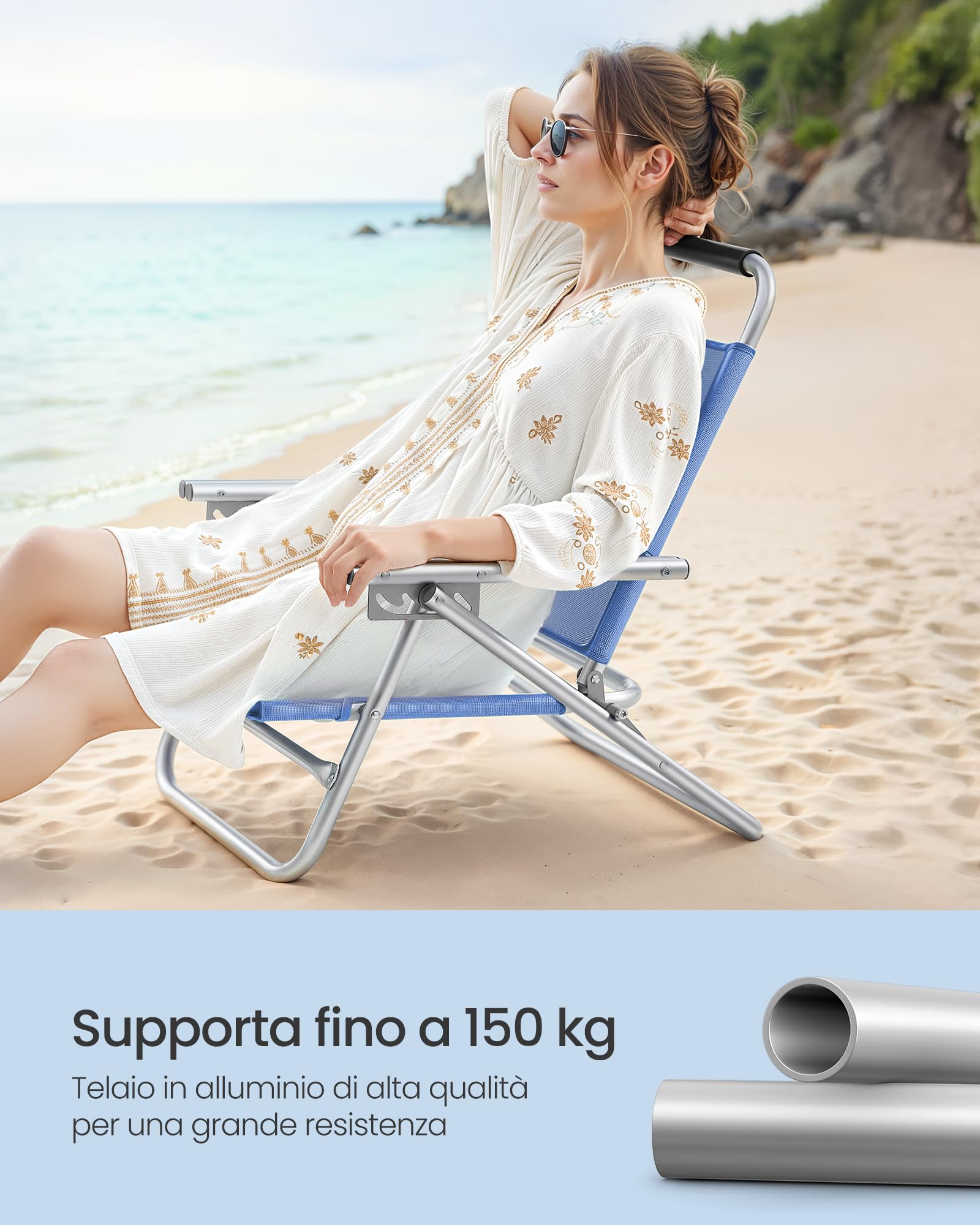 SONGMICS Sedia da Spiaggia, Sedia Pieghevole Portatile, Schienale Regolabile a 4 Angoli, con Braccioli, Traspirante e Confortevole, Poltrona da Campeggio, Blu GCB65BU