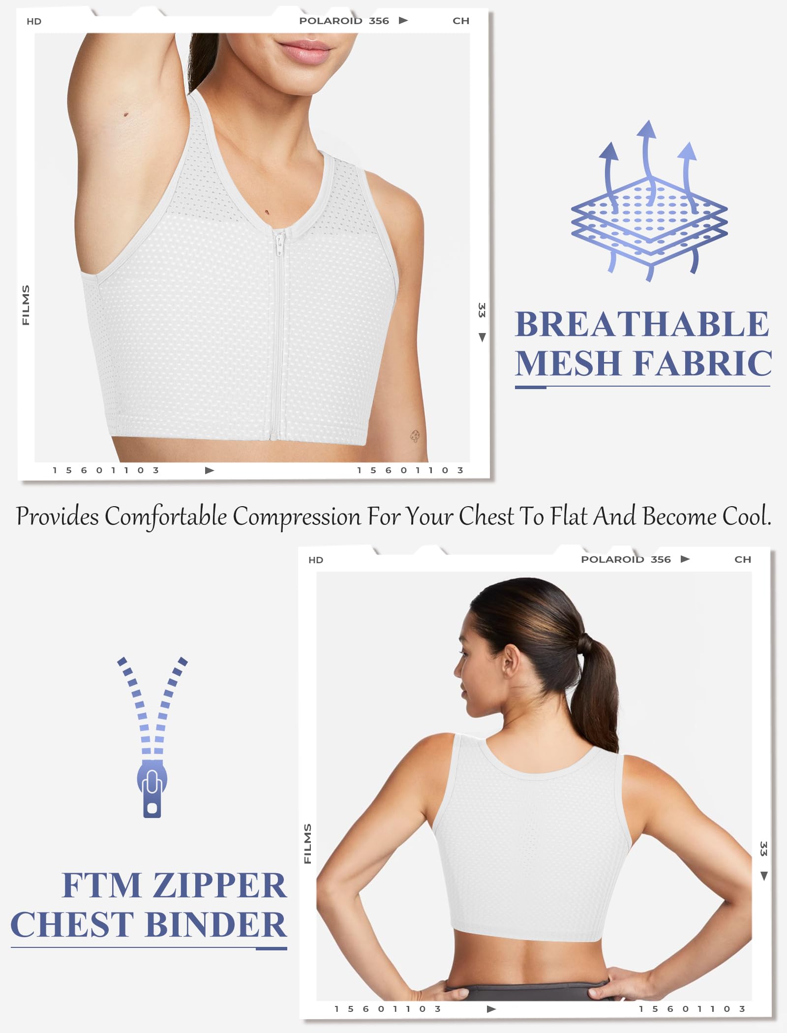 XUJI Chest Binder Zip Up Breathable Compression Top for Transgender FTM, Tomboy, Cosplay (W, XL), White - Image 4