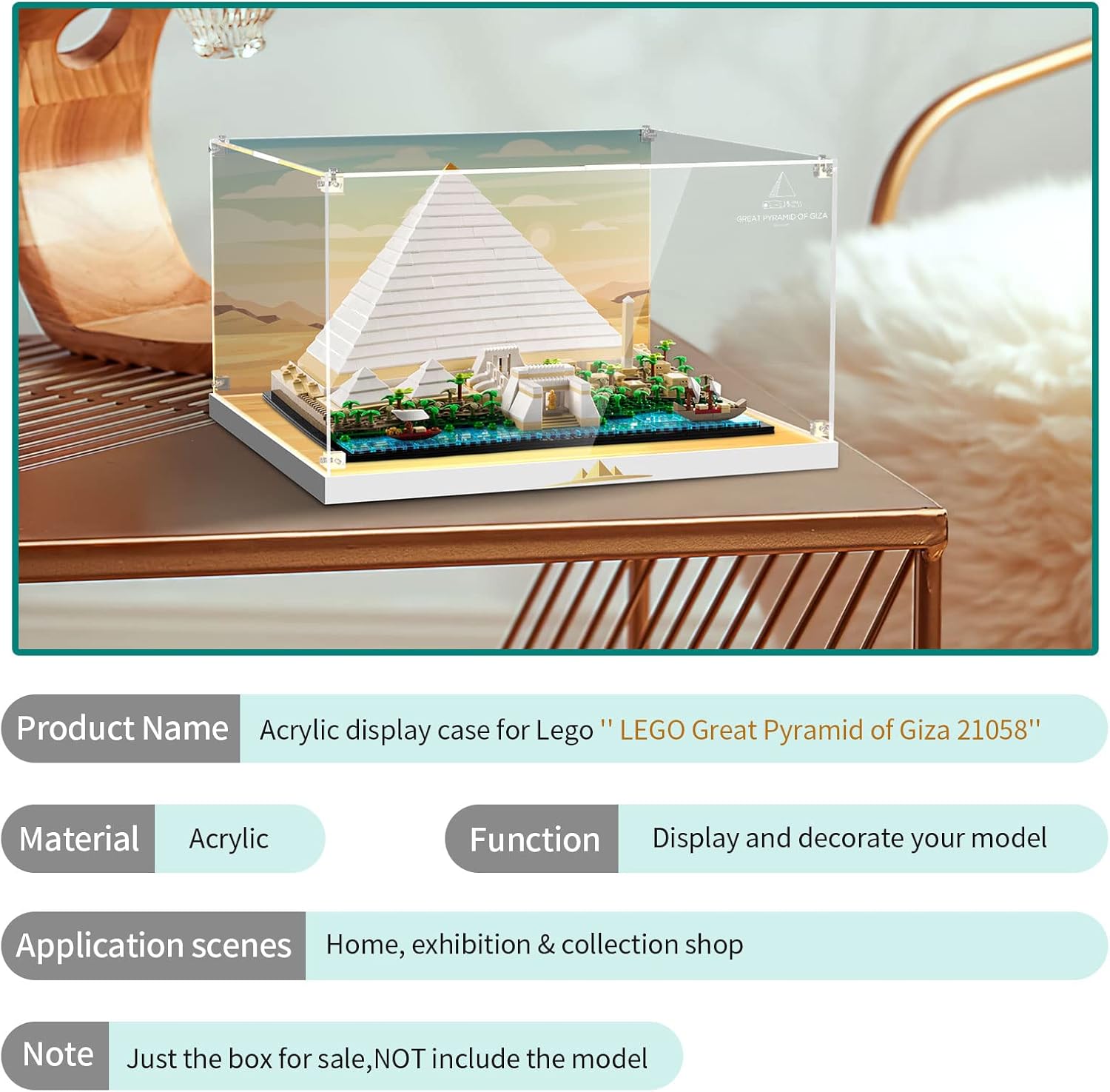 Acrylic Display Case for Lego Architecture Landmark Collection Great Pyramid of Giza 21058 Building Set, Customized Decorative Box, Clear Acrylic Plate with Base & HD Painted Background
