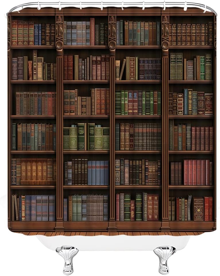Bookshelf Shower Curtain Brown Vintage Library Learning Education Study Bookcase Academic Antique Wall Art Fabric Bathroom Decor Curtain with Hooks,70Wx96H Inches