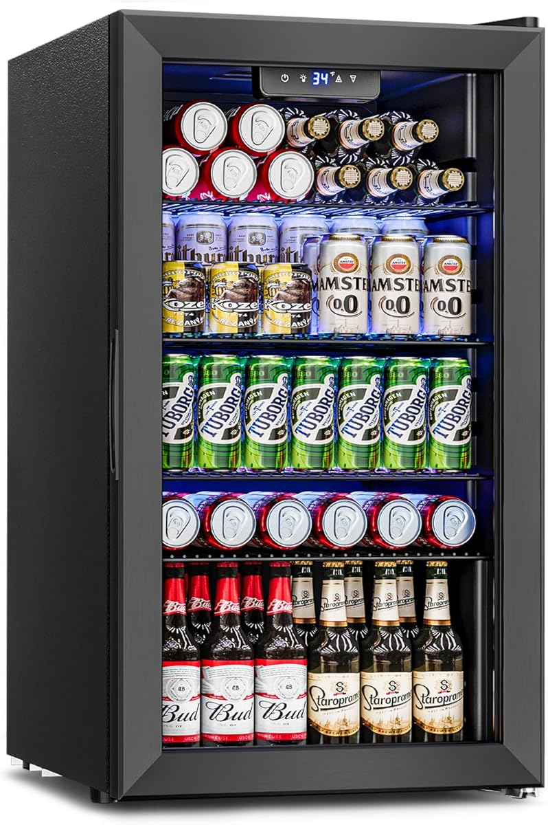 Beverage Refrigerator and Cooler - 126 Can Mini Fridge Glass Door for Soda Beer Wine - Freestanding Beverage Fridge for Bedroom Office Bar, 4 Adjustable Shelves, 3.2 Cu.Ft, Black