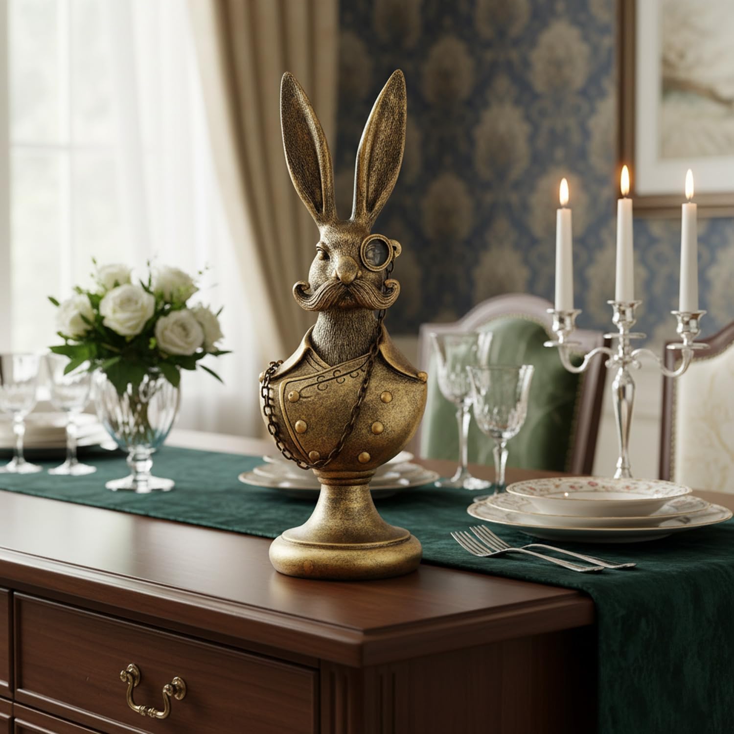 Vintage Animal Statue, Gold Resin Rabbit Bust Figurine with Glasses & Suit, Bunny Sculpture, Easter Decorations, Retro Office Desk Decor for Home Living Room, Creative Gift for Animal Lovers