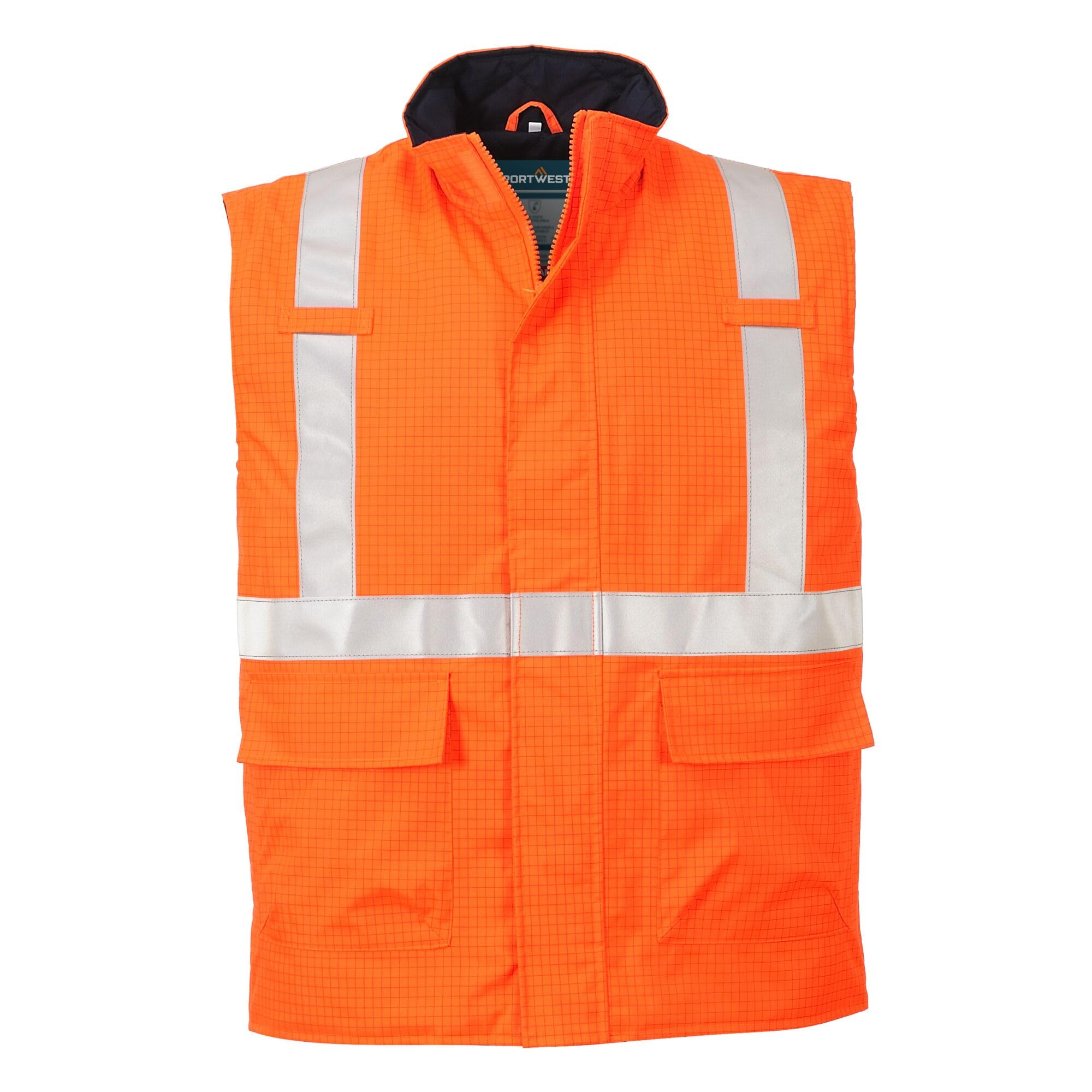 Portwest S776 Arbeitsjacke Reflektierend Wasserdicht Verschweißte Nähte | Orange, M, EN ISO 20471 Klasse 2, EN 1149-5, EN ISO 14116, Polyester, Ärmellos, Stehkragen, Reißverschluss, Antistatisch