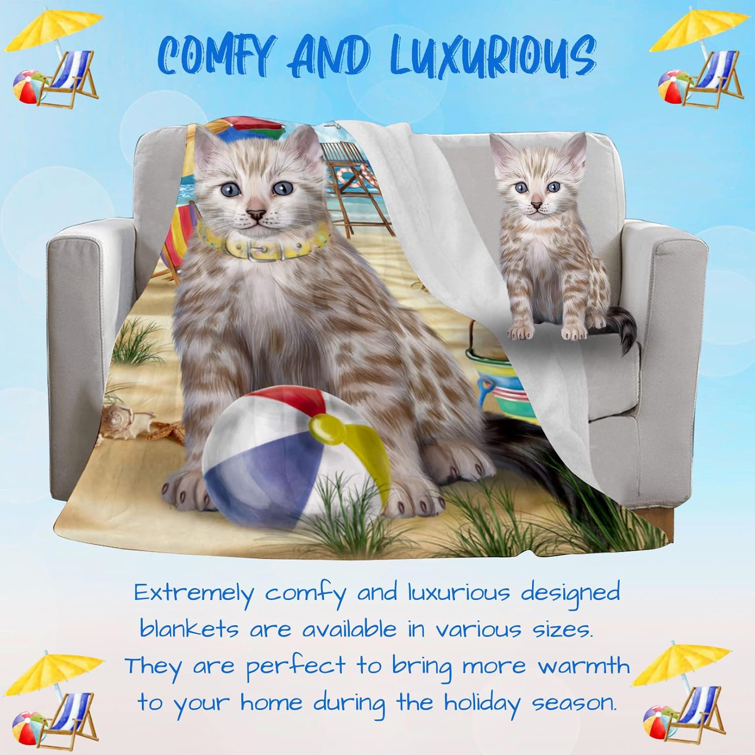 Pet Friendly Beach Bengal Cat Blanket - Lightweight Super Soft Cozy and Durable Bed Blanket - Animal Theme Fuzzy Blanket for Sofa Bed Couch BLNKT55526 (30x40 Fleece)