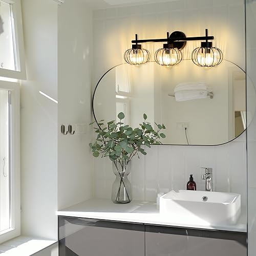 Miniatura 6 de YHTlaeh Moderna lámpara de tocador de cristal, 3 luces para baño, color negro mate, lámpara de pared de baño (farol)