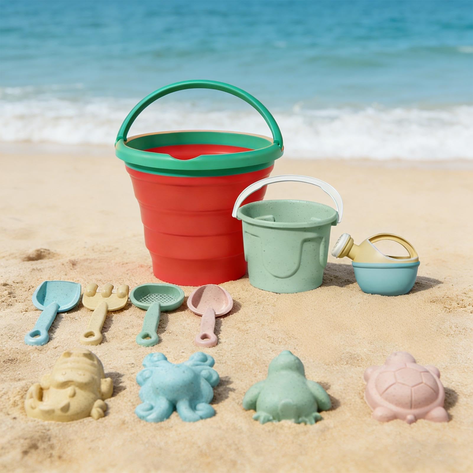 Kinder Sandspielzeug Faltbarer Strandeimer mit Rechen und verschiedenen | Farbenfrohes Strandspielzeug für Kinder Für Drei Jahre Und Älter Mädchen Kinder Garten Reisen Urlaub Drau
