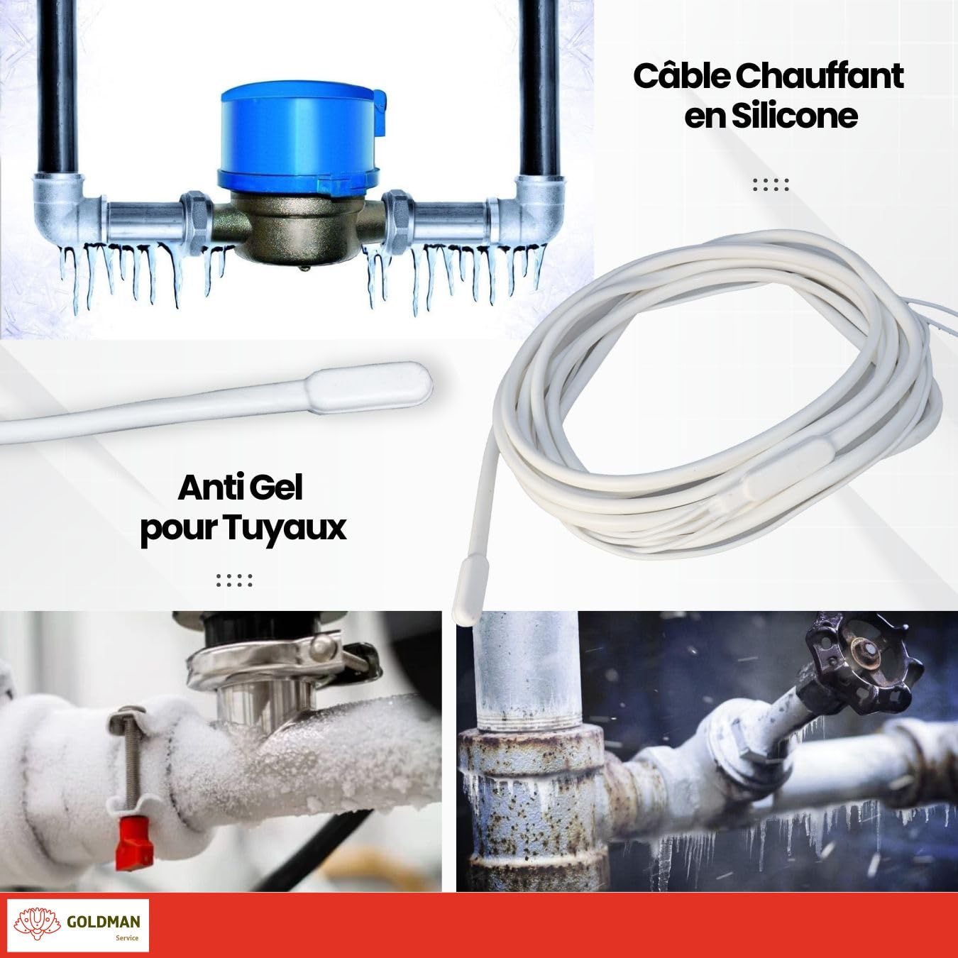 GOLDMAN SERVICE | Câble chauffant avec résistance bipolaire en silicone antigel pour tuyaux | 4 mètres, 60 watts | Incubateurs, aquariums, reptiles, serres, fermentation (4 m | 60W)