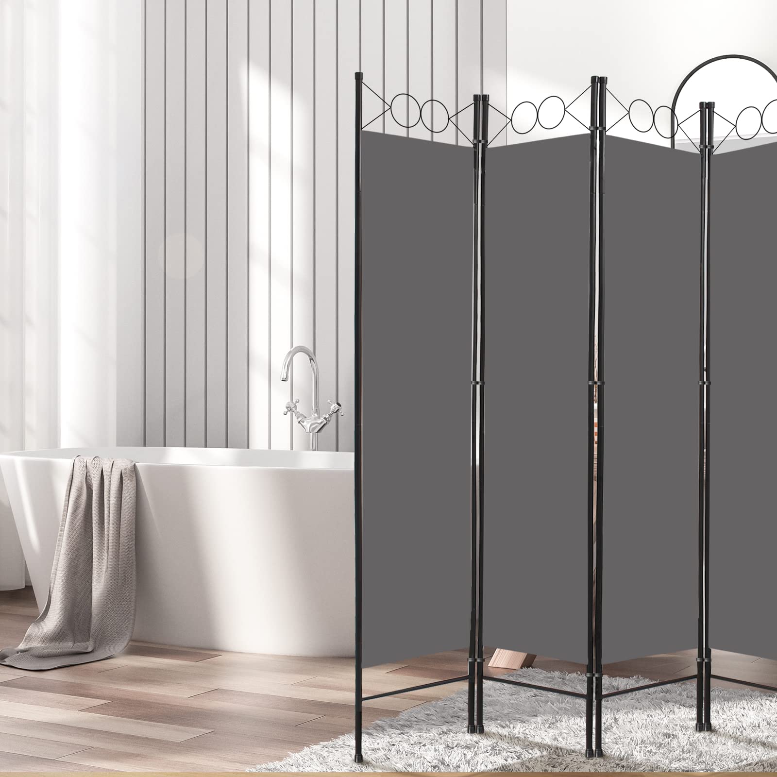 Todeco Paravent Interieur 4 Panneaux Séparateur de Pièce Pliable Gris | amovible et lavable, 160 x 180 cm paravent de confidentialité pour Bureau, Salle à Manger, Chambre, Maison
