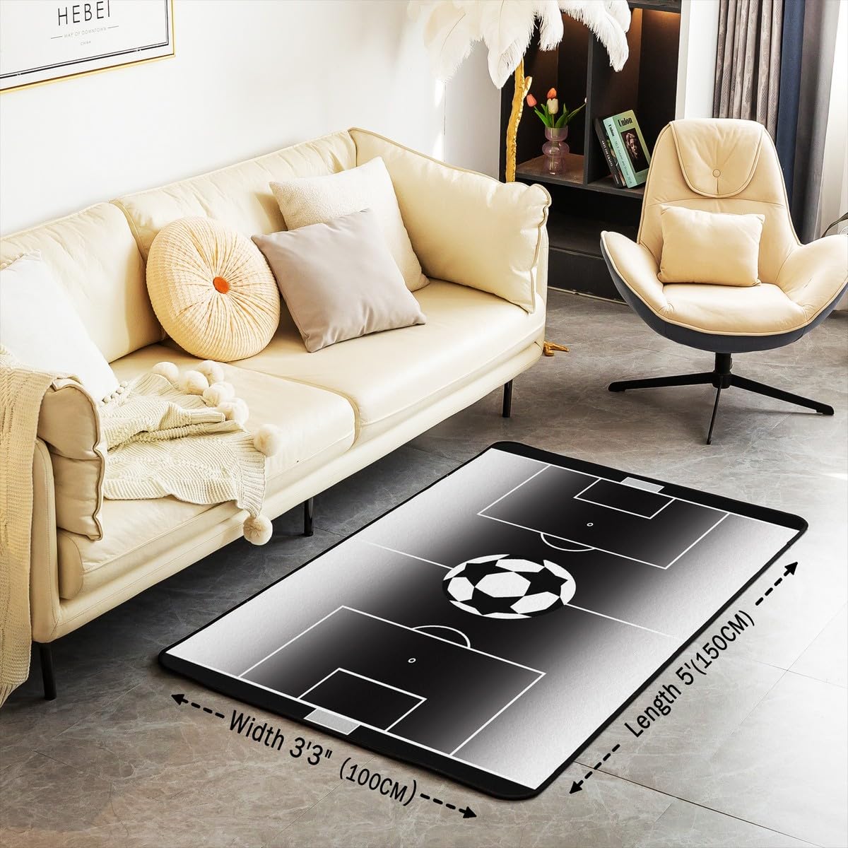 Homewish Football Tapis Salon 100x150,Couverture de Football pour Garçon dans la Chambre,Tapis Dégradé Noir Blanc Tapis Chambre,Footballeur Tapis Intérieur et Extérieur,Thème Sportif Tapis Salon