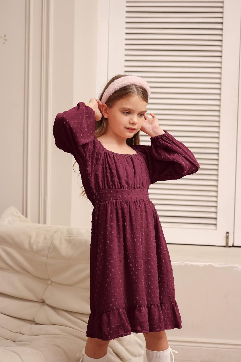 GRACE KARIN Girls Ruffle Tiered Dress Long Sleeve Swiss Dot Flowy A-Line Dress 6-14Y - Image 5