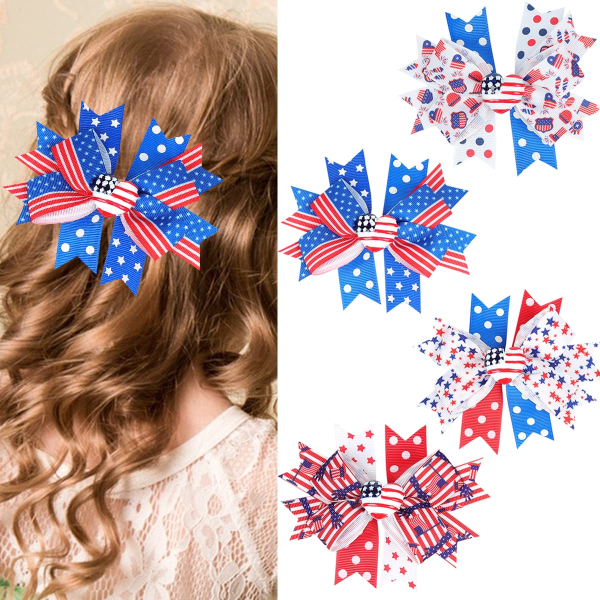 White Blue Red Hair Clips 4th of July Bows Clips Grosgrain Hair Barrettes Independence Day Headwear Girls Kids Boutique Hairpin Stars Hair Accessories Alligator Clips Supplies Party Decorations 4PCS