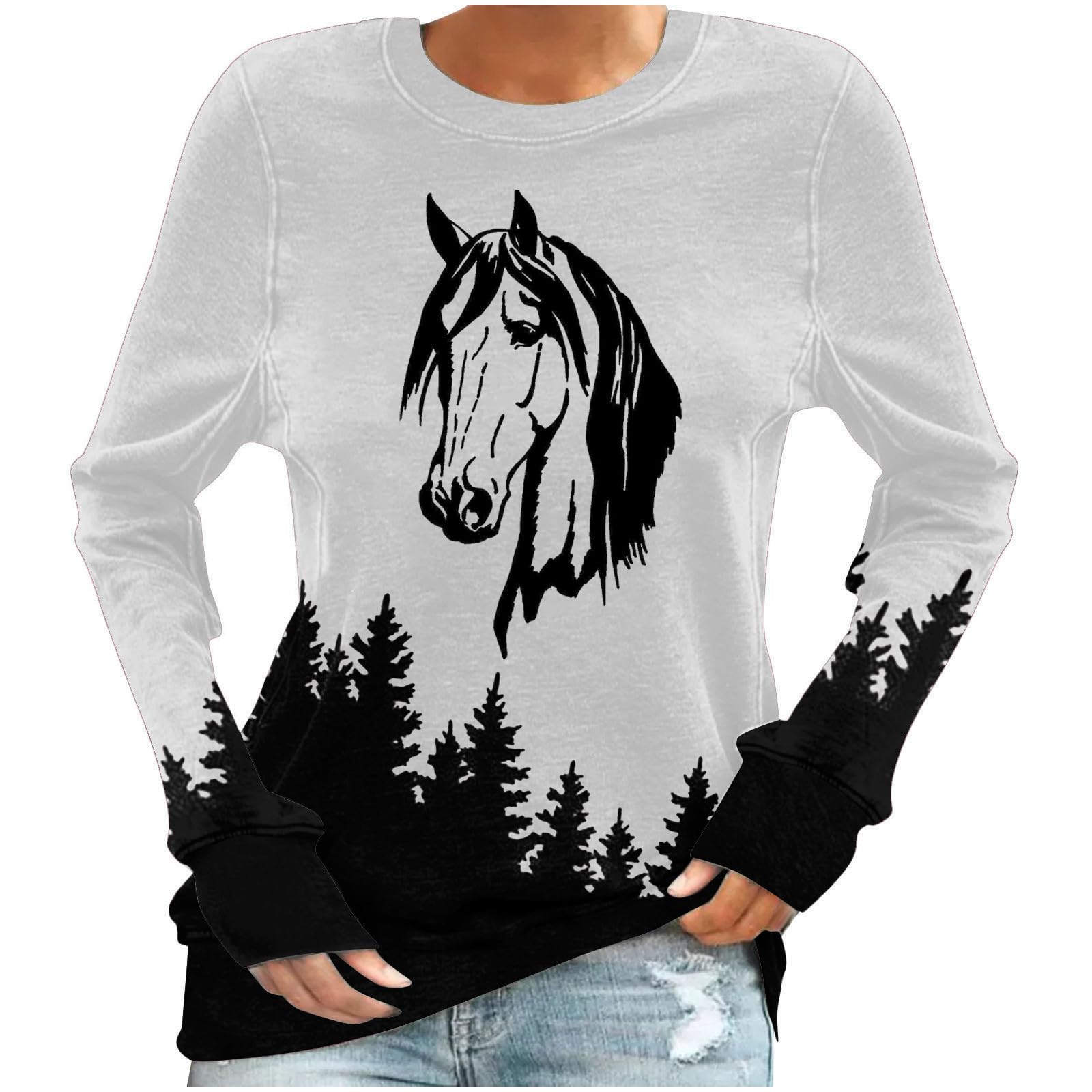 Sweat-shirt Sans Capuche Pour Femme - Motif Cheval - Imprimé