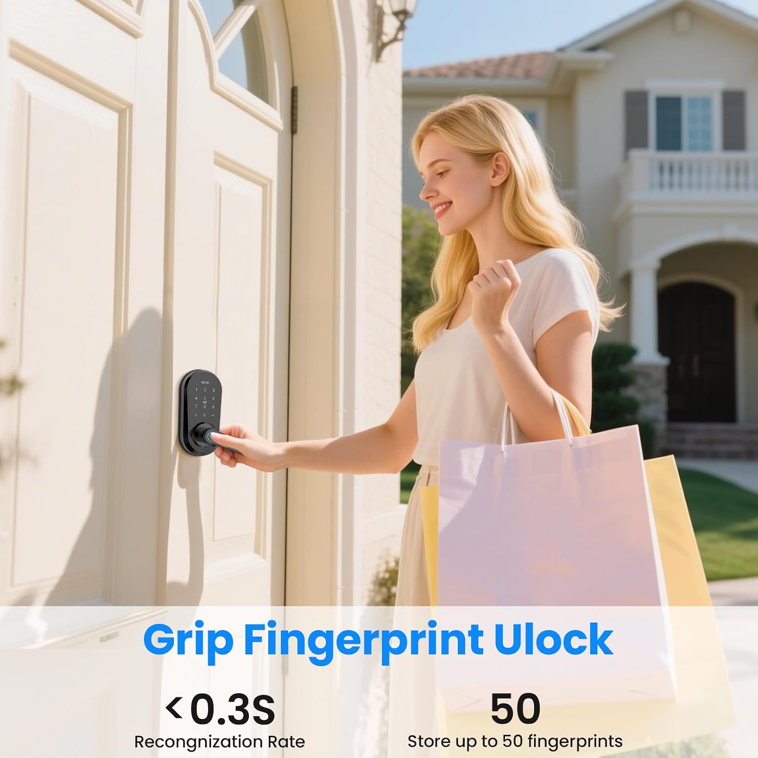 Woman unlocking Devo G7 Smart Lock with a grip fingerprint sensor, highlighting fast recognition.