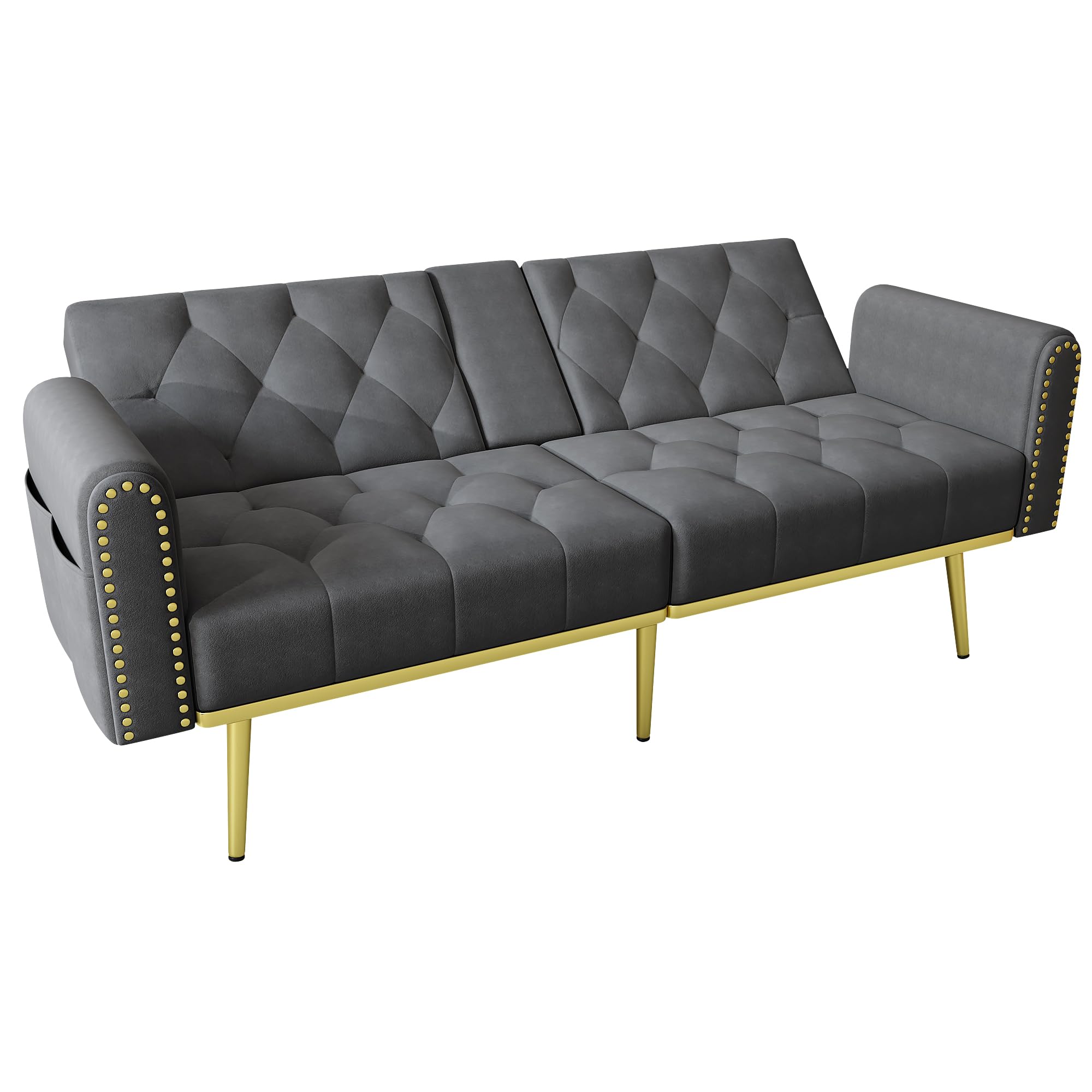 Schlafsofa 2 Sitzer mit Schlaffunktion, Schlafcouch 2-in-1 verstellbare, DREI verstellbare Neigungswinkel und Getränkehalter, Geeignet für Wohnzimmer, Gästezimmer aus Samt, Grau