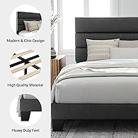 Vista 6 de Allewie Base de cama de plataforma tamaño Queen con cabecera tapizada de tela y soporte de listones de madera, base de colchón totalmente tapizada