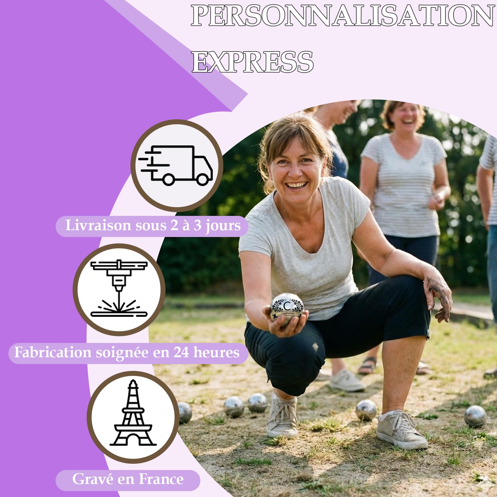 Boule de Pétanque Personnalisée 720g - Triplette avec Accessoires (Cochonnet, Sacoche, Mesureur) - Idée Cadeau pour Fête des Pères et Mères, Retraite, Anniversaire (Modèle Couronne de Fleurs)