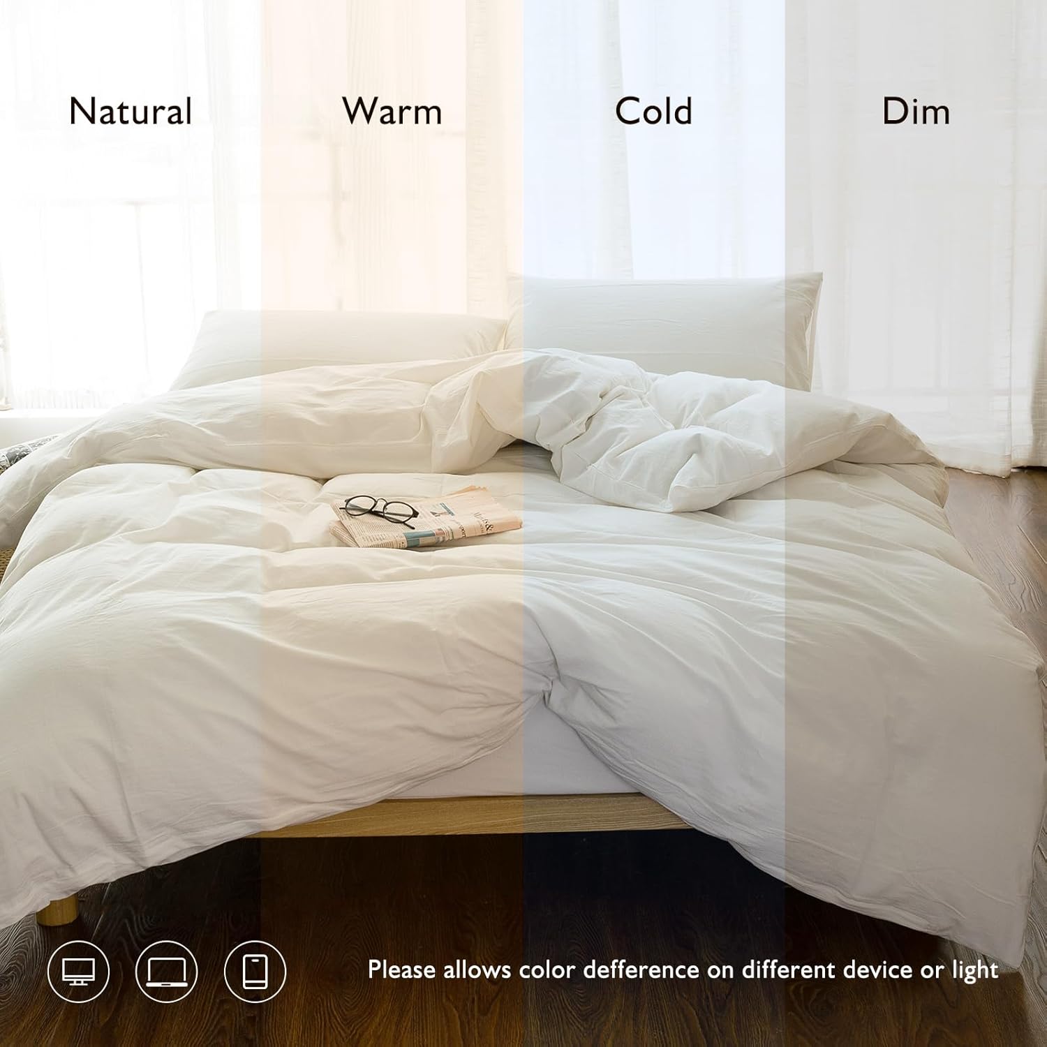 EMME Cotton Duvet Cover Queen Size 3-Piece Set 100% Washed Cotton Bedding Comforter Cover Full Size with 2 Pillow Shams Solid Color (Cream White, Full/Queen)