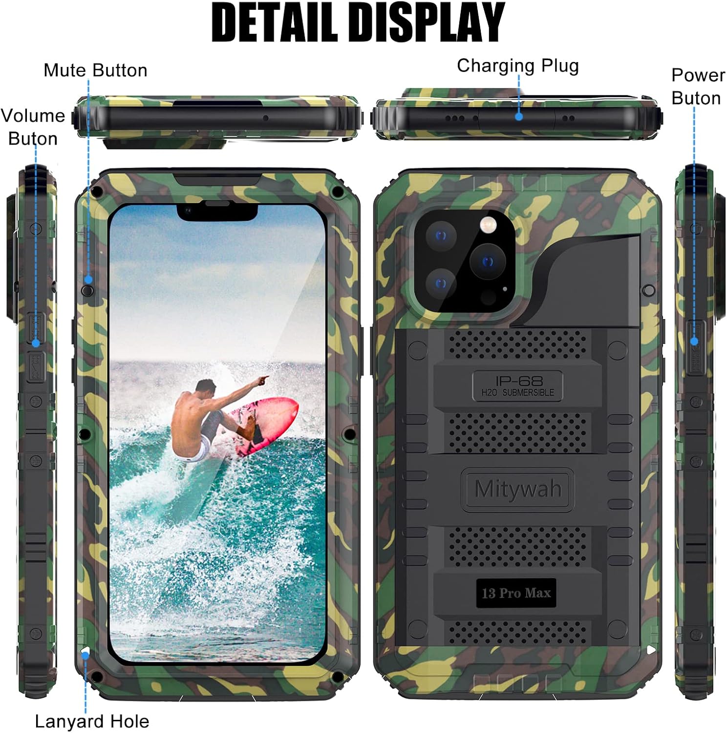 Mitywah Waterproof Case for iPhone 13 Pro Max, Heavy Duty Military Grade Armor Metal Case, 360° Full Body Protective Case Shockproof Built-in Screen Protector Rugged Case 6.1 inch, Camouflage