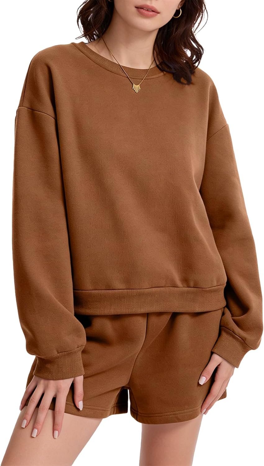 Women's 2 Piece Fleece Lined Short Set - High Waisted Crew Neck Sweatshirt & Shorts, Soft Loungewear & All Season Wear