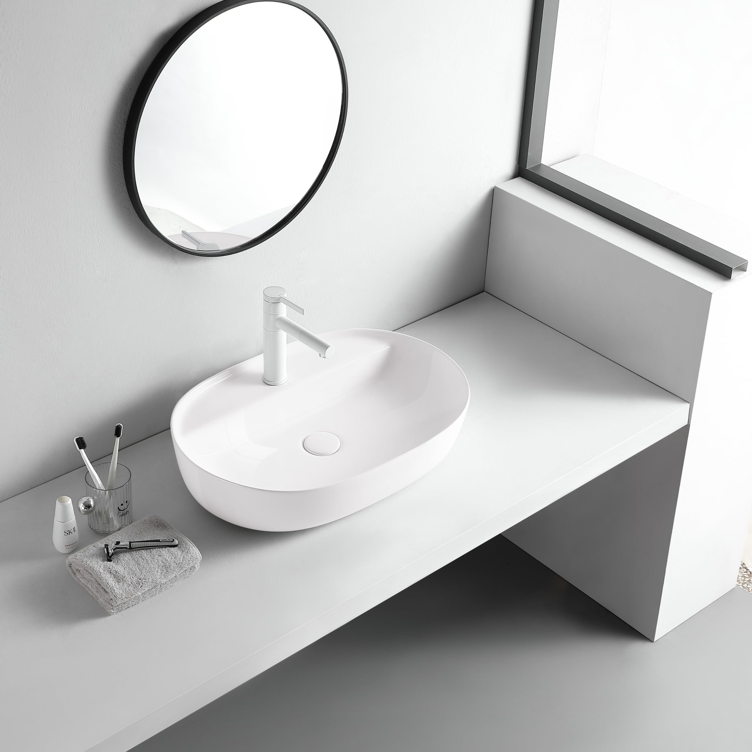 AQUAUNO Lavabo sobre encimera Lana, ovalado, 61,5 x 41,5 cm, cerámica blanca con agujero para grifo sin rebosadero, cuenco de lavado de cerámica sanitaria para baño