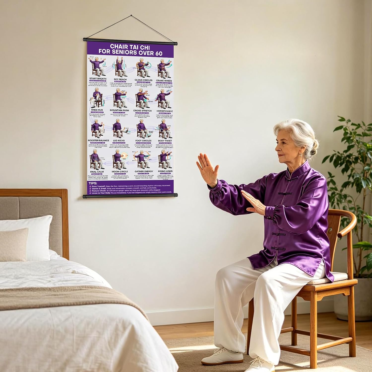 Tai Chi Chair Workout Chart with Breathing Guide, Beginners, Ready-to-Hang | Tia Chia Chair Exercise Chart for Seniors, Seated Tai Chi Exercise Poster, 28" x17", Step-by-Step Tai Chi Chart
